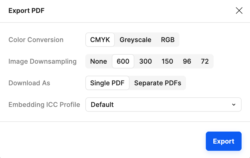 Print for Figma color workflow - RGB to CMYK conversion with ICC profile embedding